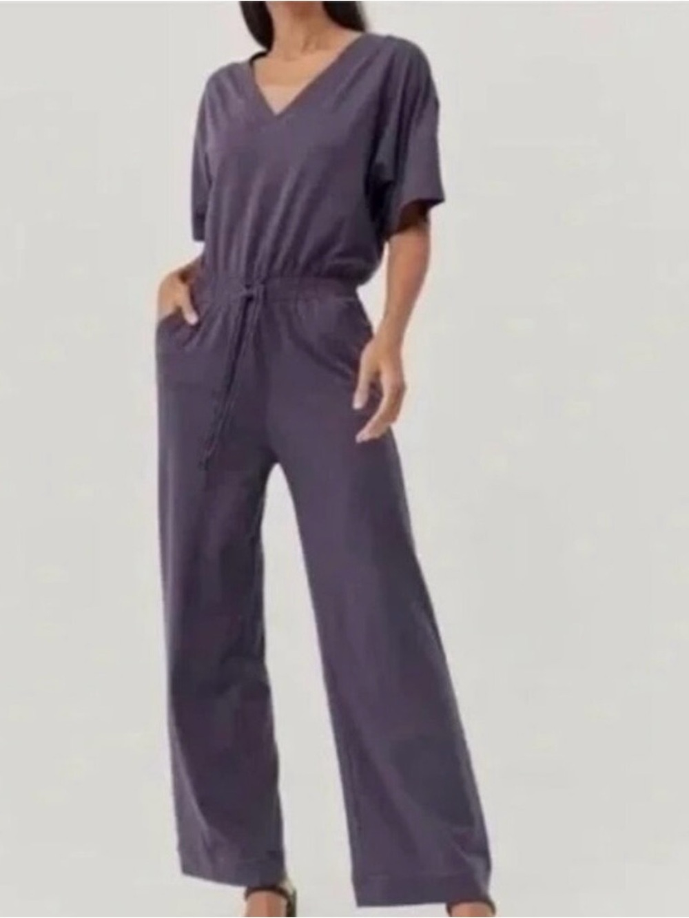 PACT Revive Deep V Organic Cotton Jumpsuit Current Purple Small Wide Leg Pockets